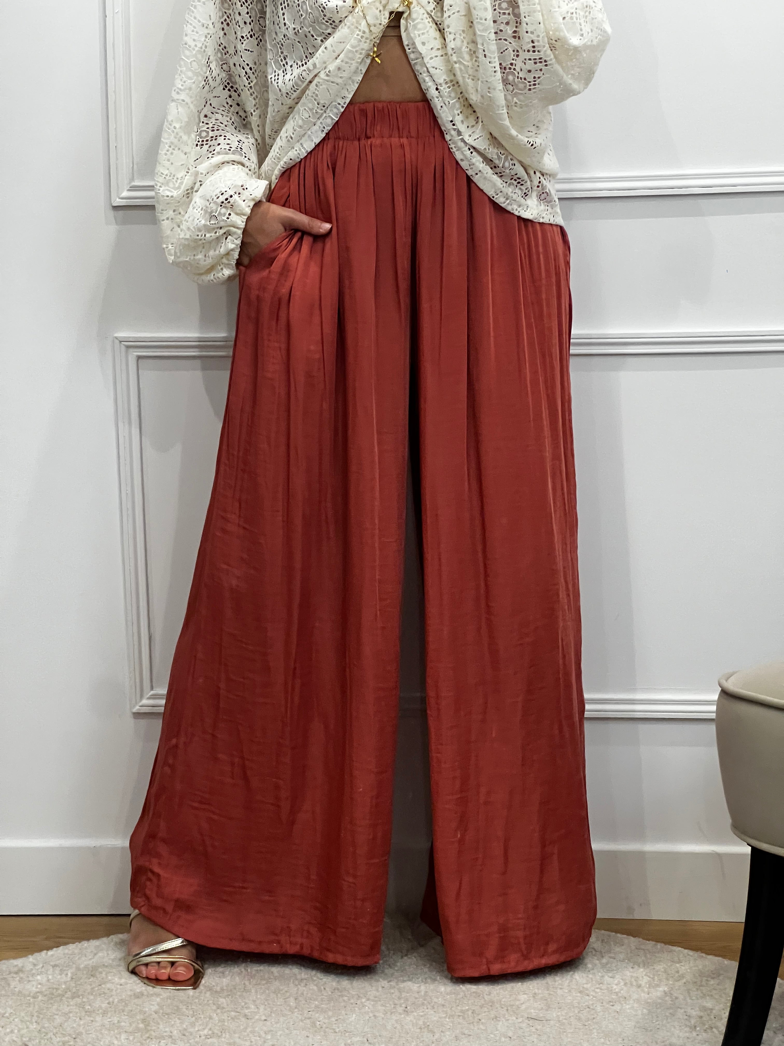 Pantalon fluide satiné - Terracotta