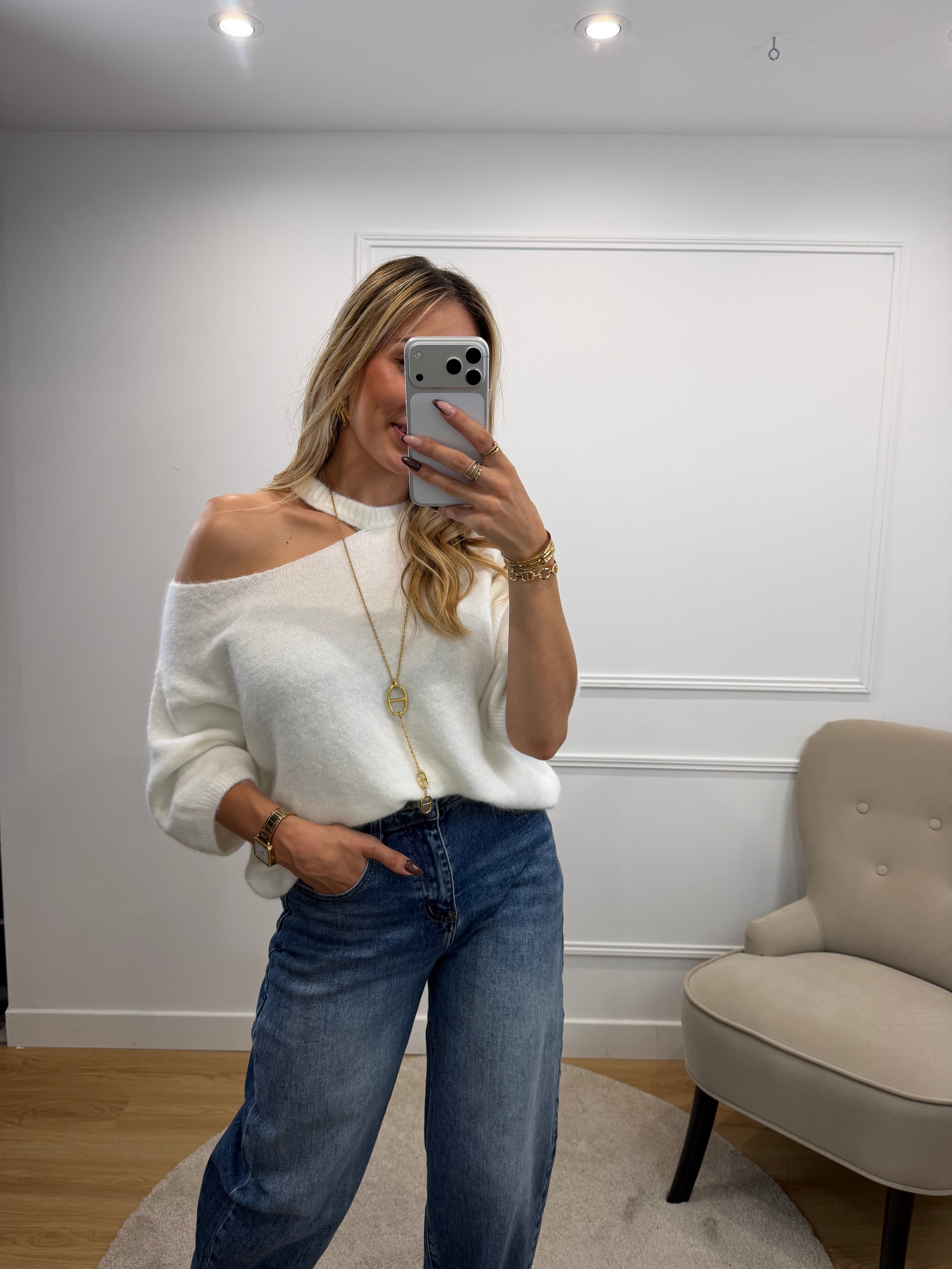 Pull col ajouré - Ecru