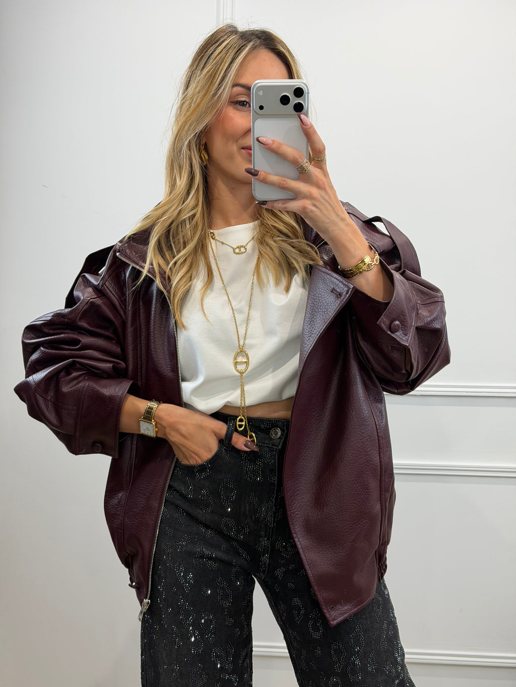 Veste grand col simili - BURGUNDY