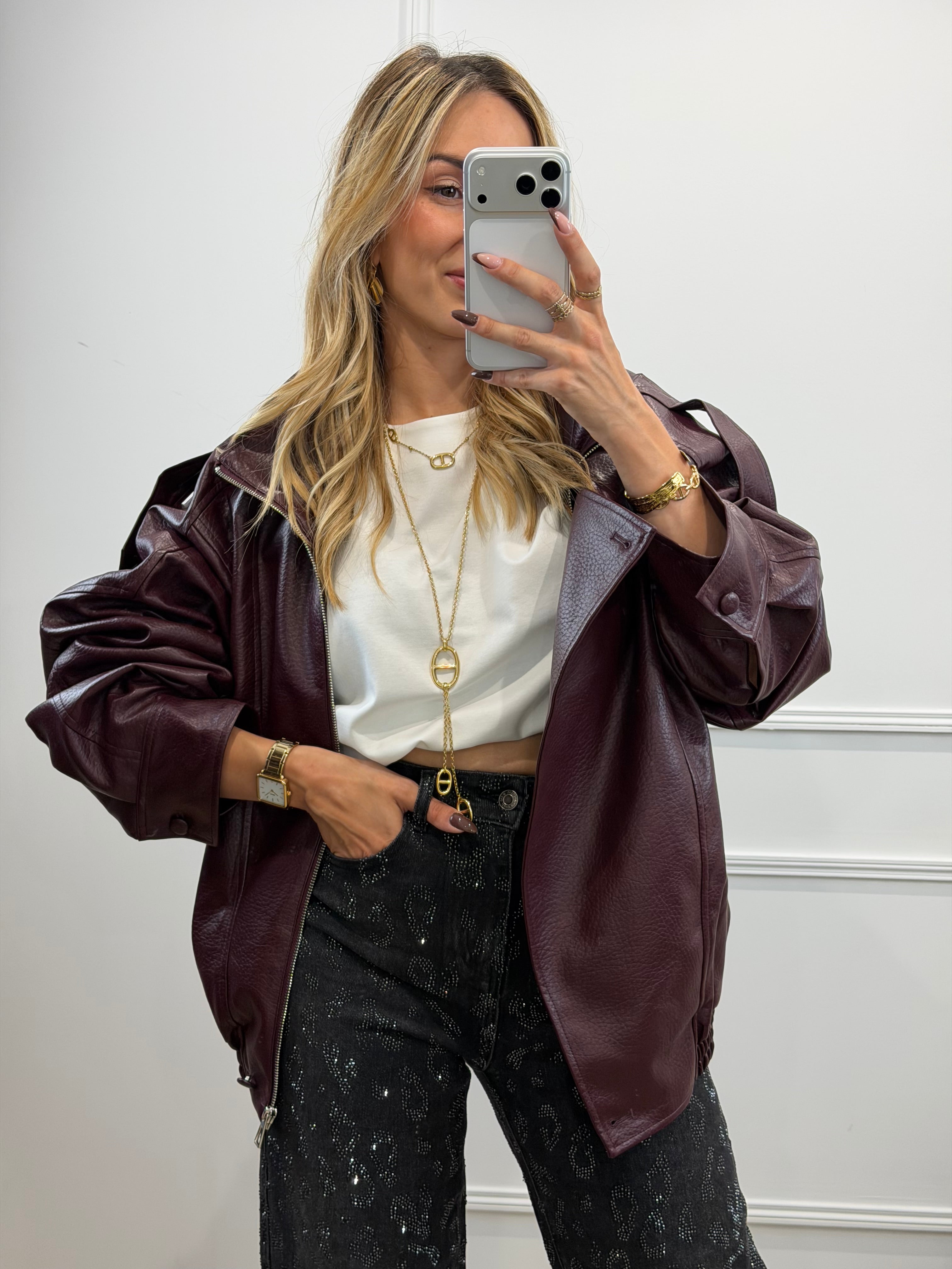 Veste grand col simili - BURGUNDY