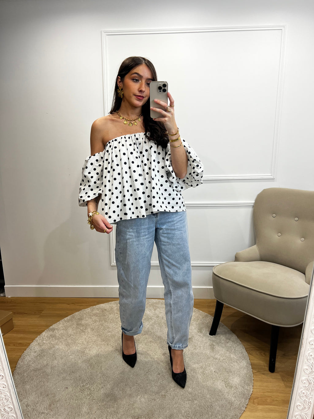 Top BARDOT - Pois blanc