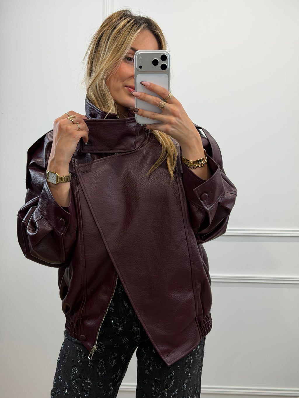 Veste grand col simili - BURGUNDY