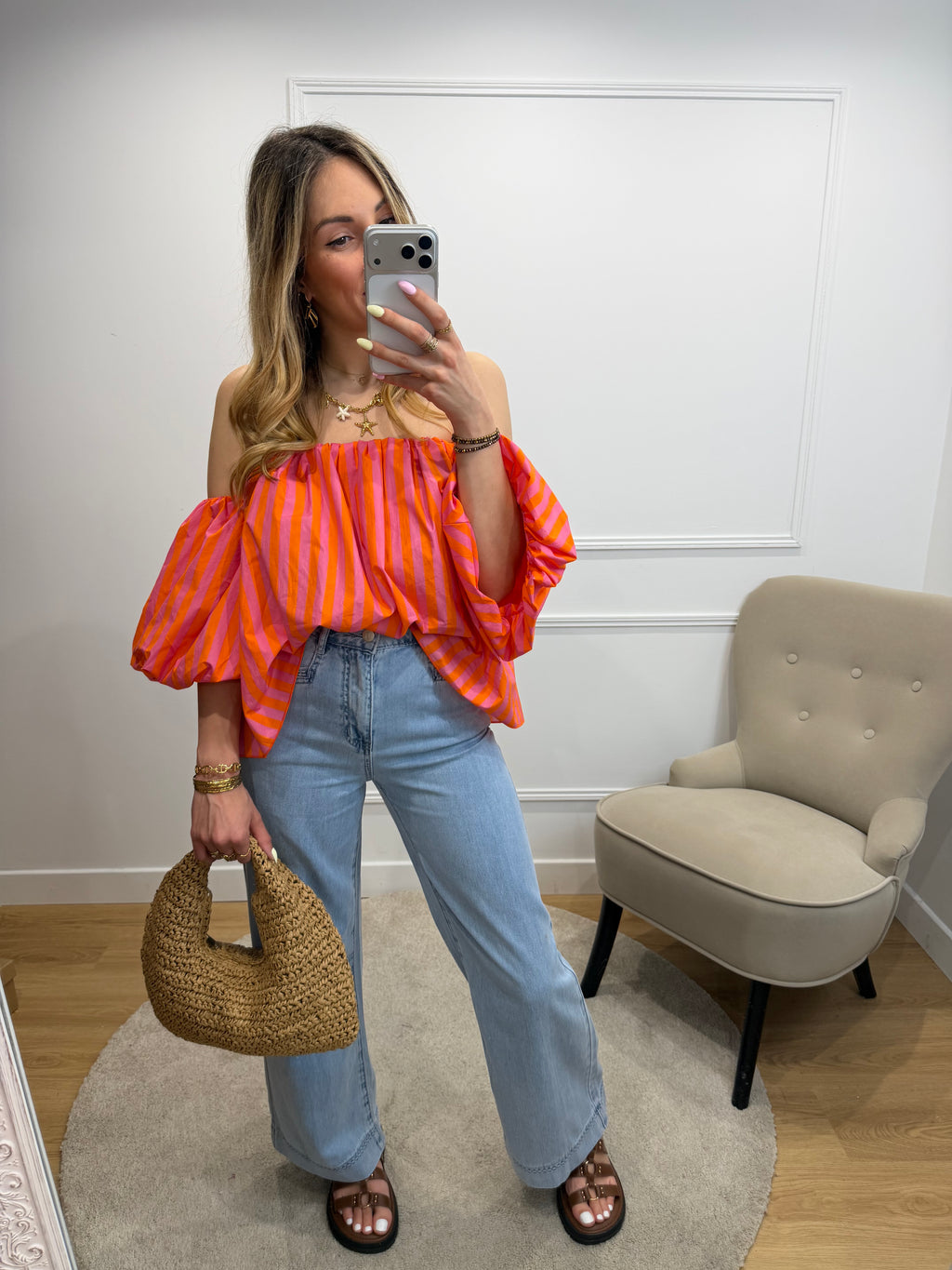 Top BARDOT - Rayé fuschia orange