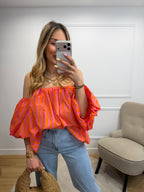 Top BARDOT - Rayé fuschia orange