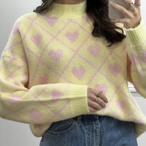 PULL JACQUARD JAUNE COEURS ROSES